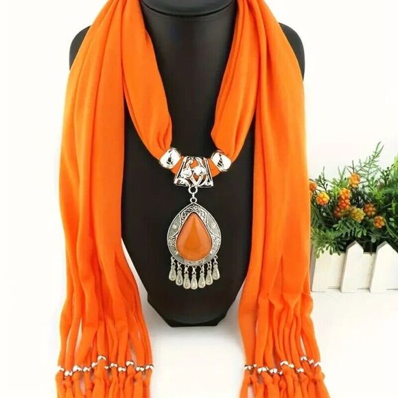 Waterdrop Resin Pendant Jewelry Scarf, Solid Orange Jersey Scarf. - Picture 1 of 1